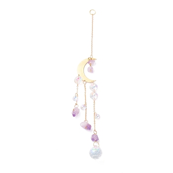 Hanging Crystal Aurora Wind Chimes, with Prismatic Pendant, Moon-shaped Iron Link and Natural Amethyst, for Home Window Lighting Decoration, Golden, 280mm