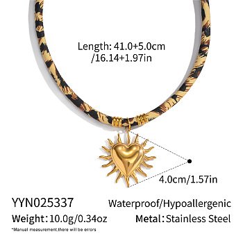 Vintage 304 Stainless Steel Pendant Leopard Print Cord Necklaces for Women, Golden, Heart, 16.14 inch(41cm), Pendant: 40mm
