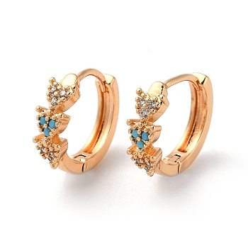 Brass Hoop Earrings with Rhinestone, Triple Heart, Light Gold, 15x5x17mm