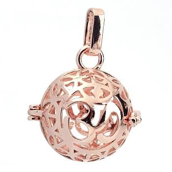 Rack Plating Brass Cage Pendants, For Chime Ball Pendant Necklaces Making, Hollow Round with Om Symbol, Rose Gold, 25x24x20.5mm, Hole: 3x7mm, inner measure: 18mm