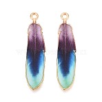 Alloy Enamel Pendants, Golden, Feather Charm, Medium Orchid, 38x8.5x1.5mm, Hole: 1.6mm(FIND-G078-34G-03)
