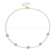 Cubic Zirconia Classic Tennis Necklace with Flower Links, Golden Brass Jewelry for Women, Light Sky Blue, 14.37 inch(36.5cm)(NJEW-N048-01C)