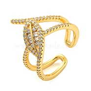 Leaf Shape Brass Micro Pave Cubic Zirconia Open Cuff Ring, Long-Lasting Plated, Cadmium Free & Lead Free, Real 18K Gold Plated, Inner Diameter: 18mm(RJEW-Q782-06G)