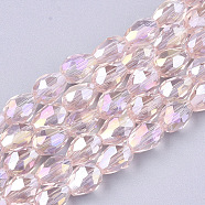 Electroplate Glass Beads Strands, AB Color Plated, Faceted, Teardrop, Pink, 7.5~8x6mm, Hole: 1mm, about 66~68pcs/strand, 22.6 inch(EGLA-T013-05L)