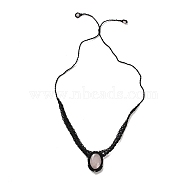 Natural Rose Quartz Oval Pendant Necklace, Braided Wax Strings Choker Necklaces, 25.83 inch(65.6cm)(NJEW-K258-01D)