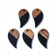 Opaque Resin & Walnut Wood Pendants, Two Tone, Teardrop, Black, 26x13.5x3mm, Hole: 2mm(RESI-T035-30B)