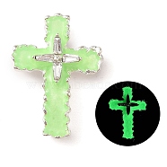 Luminous Alloy Resin Pendants, Glow in the Dark, Glass Cross Charms, Green, 29x21x5.5mm, Hole: 1.5mm(RESI-D073-01E)