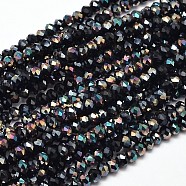 Faceted Rondelle Half Rainbow Plated Electroplate Glass Beads Strands, Black, 3x2mm, Hole: 0.5mm, about 148pcs/strand, 14.9 inch(X-EGLA-J134-3x2mm-HR19)