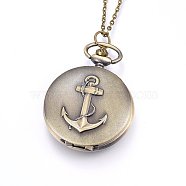 Alloy Pendant Necklace Quartz Pocket Watch, with Iron Chains and Lobster Claw Clasps, Flat Round with Anchor, Antique Bronze, 31.9 inch(81cm), Watch: 65x47x14mm(WACH-F051-07AB)