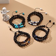 2Pcs 2 Style Natural Lava Rock & Gemstone Braided Bead Bracelets Set, Resin Evil Eye Lucky Stretch Bracelets for Men Women, Inner Diameter: 2-1/4~3-1/8 inch(5.6~8cm), 1Pc/style(BJEW-JB08839)