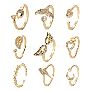 9Pcs 9 Style Brass Micro Pave Clear Cubic Zirconia Cuff Rings, Open Rings, Long-Lasting Plated, Star with Moon & Lightning Bolt & Heart & Fish & Fishtail & Leaf & Wing, Real 18K Gold Plated, Inner Diameter: 15.5~18mm, 1pc/style(RJEW-LS0001-47G)