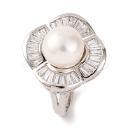 Flower Plated 925 Sterling Silver Clear Cubic Zirconia Adjustable Rings, Round Natural Pearl Bead Finger Rings for Women, Real Platinum Plated, Flower: 20x19.8mm, US Size 7(17.3mm)(RJEW-C110-06P)