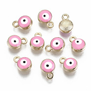 Light Gold Plated Alloy Charms, with Enamel, Flat Round with Evil Eye, Pink, 10x7x4.5mm, Hole: 1.5mm(X-ENAM-S117-27D)