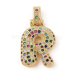 Brass Micro Pave Cubic Zirconia Pendants, Real 18K Gold Plated, Letter R, 24x17x6mm, Hole: 5x3mm(ZIRC-P121-01G-R)