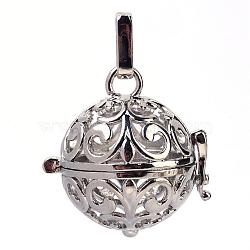 Rack Plating Brass Cage Pendants, For Chime Ball Pendant Necklaces Making, Hollow Round, Platinum, 27x26x21mm, Hole: 3x7mm, inner measure: 17mm(KK-S751-021P)