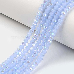 Electroplate Glass Beads Strands, Imitation Jade Beads, Half Plated, Rainbow Plated, Faceted, Rondelle, Light Blue, 6x5mm, Hole: 1mm, about 85~88pcs/strand, 16.1~16.5 inch(41~42cm)(EGLA-A034-J6mm-L03)