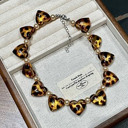 Leopard Print Acrylic Heart and Round Imitation Pearl Beaded Necklaces, with Alloy End Chains, Platinum, Coconut Brown, 14.17 inch(36cm)(FS-WG140B1-01)