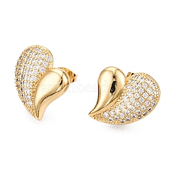 Left and Right Heart Brass Pave Clear Cubic Zirconia Stud Earrings, Real 16K Gold Plated, 18x17.5mm(EJEW-M258-040G)