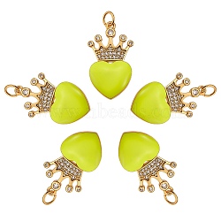 5Pcs Eco-Friendly Brass Micro Pave Cubic Zirconia Pendants, with Enamel & Jump Ring, Real 18K Gold Plated, Long-Lasting Plated, Heart & Crown, Yellow, 25x14.5x4mm, Hole: 3.6mm(ZIRC-SZ0003-08D)