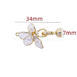 Brass Micro Pave Clear Cubic Zirconia Fold Over Clasps, with Shell, Golden, 34x7mm(PW-WG35218-01)