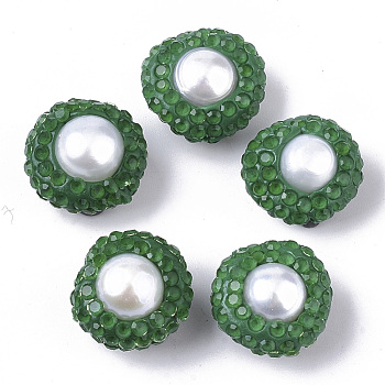 Polymer Clay Rhinestone Beads, with Natural Cultured Freshwater Pearl, Flat Round, Green, 12~13x8~9mm, Hole: 0.7mm