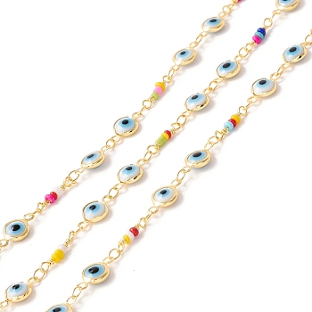 Handmade Brass Enamel Link Chains, with Glass Seed Beads, Flat Round with Evil Eye, Long-Lasting Plated, Soldered, with Spool, Lead Free & Cadmium Free, Golden, Colorful, Link: 13x2mm, 13x6.8mm