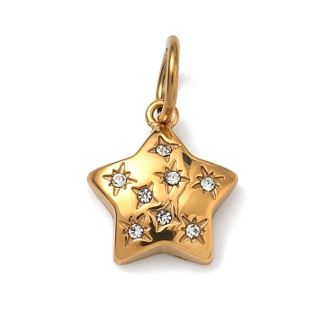 304 Stainless Steel Micro Pave Clear Cubic Zirconia Pendants, Golden, Star Charms, 14.5x12.5x3mm, Jump Ring: 7x1mm, Inner Diameter: 5mm