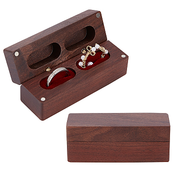 2-Slot Rectangle Black Peach Wood Couple Ring Box, Flip Cover Box, with Magnetic Clasps and Alloy Findings, for Wedding, Dark Red, 3.2x9.65x3.75cm