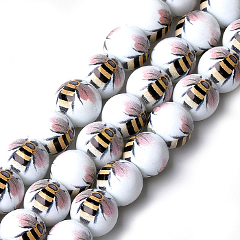 Printed & Spray Painted Glass Beads, Round with Bee Pattern, Rosy Brown, 12~12.5x11.5mm, Hole: 1.4mm
