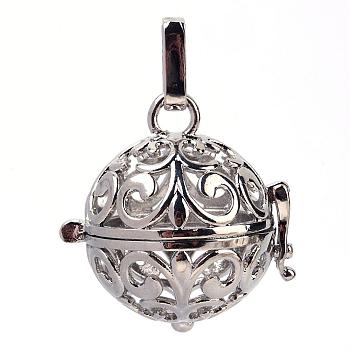 Rack Plating Brass Cage Pendants, For Chime Ball Pendant Necklaces Making, Hollow Round, Platinum, 27x26x21mm, Hole: 3x7mm, inner measure: 17mm