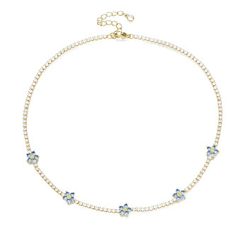 Cubic Zirconia Classic Tennis Necklace with Flower Links, Golden Brass Jewelry for Women, Light Sky Blue, 14.37 inch(36.5cm)