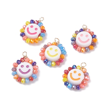 Electroplate Glass Beads  Pendants, with Copper Wire and Opaque Craft Acrylic Beads, Flat Round with 
Smiling Face, Mixed Color, 19.5x15.5x5mm, Hole: 1.6mm