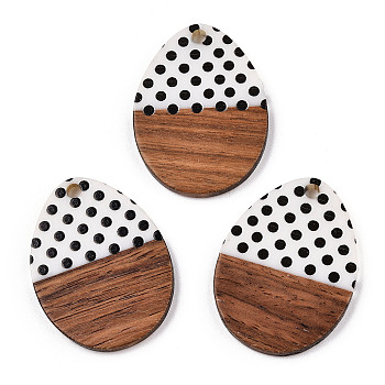 Printed Opaque Resin & Walnut Wood Pendants, Egg Charm with Polka Dot Pattern, White, 37.5x28.5x3.5mm, Hole: 3mm