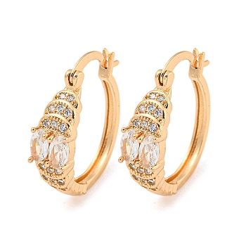 Brass Micro Pave Clear Cubic Zirconia Hoop Earrings, Leaf, Light Gold, 22x6mm