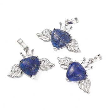Natural Lapis Lazuli Pendants, Heart Charms with Wings & Crown, with Platinum Tone Brass Crystal Rhinestone Findings, 26x35.5x8mm, Hole: 8x5mm