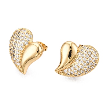 Left and Right Heart Brass Pave Clear Cubic Zirconia Stud Earrings, Real 16K Gold Plated, 18x17.5mm