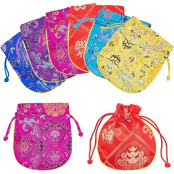 HOBBIESAY 12Pcs 6 Colors Silk Packing Pouches, Drawstring Bags with Mixed Patterns, Mixed Color, 13~13.5x11.4~12cm, 2pcs/color