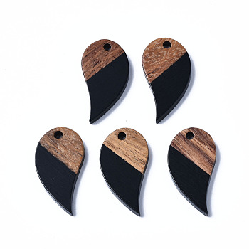 Opaque Resin & Walnut Wood Pendants, Two Tone, Teardrop, Black, 26x13.5x3mm, Hole: 2mm