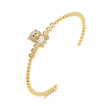 Cubic Zirconia Bear with Heart Open Cuff Bangle, Rack Plating Brass Jewelry for Women, Lead Free & Cadium Free, Real 18K Gold Plated, Inner Diameter: 2-1/2x1-7/8 inch(6.45x4.9cm)