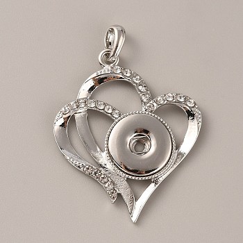 Alloy Rhinestone Hang Snap Base Big Pendants, for Interchangeable Snap Charms Jewelry Making, Heart, Platinum, 54.5x45x5mm, Hole: 4x7mm