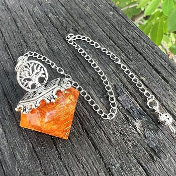 Resin Diamond Pointed Dowsing Pendulums, with Metal Tree of Life Finding and Natural Citrine Chip inside, 290mm