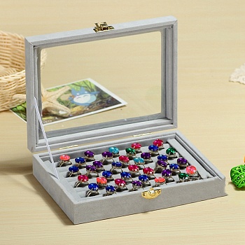 Flock with Glass Rings Jewelry Display Box, Light Grey, 200x150x50mm