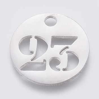 304 Stainless Steel Pendants, Cut-Out, Hollow, Flat Round with Number, Stainless Steel Color, Num.23, 19x1.5mm, Hole: 2.5mm
