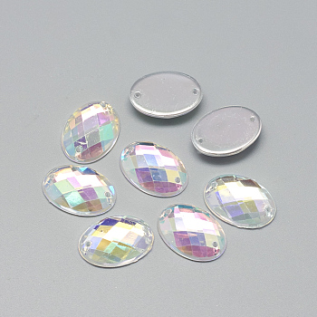 Sew on Rhinestone, Transparent Acrylic Rhinestone, Two Holes, Garment Accessories, AB Color Plated, Faceted, Oval, Clear AB, 10x8x3.5mm, Hole: 0.8~1mm