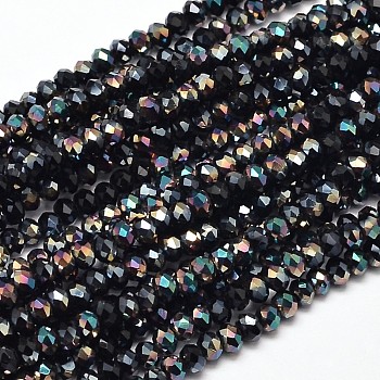 Faceted Rondelle Half Rainbow Plated Electroplate Glass Beads Strands, Black, 3x2mm, Hole: 0.5mm, about 148pcs/strand, 14.9 inch
