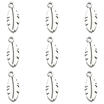 304 Stainless Steel Charms, Feather, Stainless Steel Color, 10x4x1mm, Hole: 1mm
