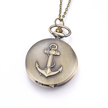 Alloy Pendant Necklace Quartz Pocket Watch, with Iron Chains and Lobster Claw Clasps, Flat Round with Anchor, Antique Bronze, 31.9 inch(81cm), Watch: 65x47x14mm