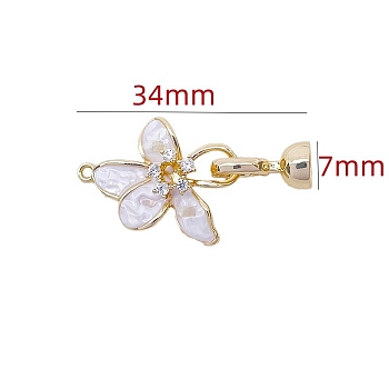 Brass Micro Pave Clear Cubic Zirconia Fold Over Clasps, with Shell, Golden, 34x7mm
