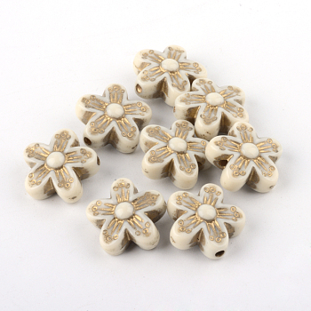 Flower Plating Acrylic Beads, Golden Metal Enlaced, Beige, 16x16x7.5mm, Hole: 2mm, about 585pcs/500g