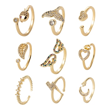 9Pcs 9 Style Brass Micro Pave Clear Cubic Zirconia Cuff Rings, Open Rings, Long-Lasting Plated, Star with Moon & Lightning Bolt & Heart & Fish & Fishtail & Leaf & Wing, Real 18K Gold Plated, Inner Diameter: 15.5~18mm, 1pc/style